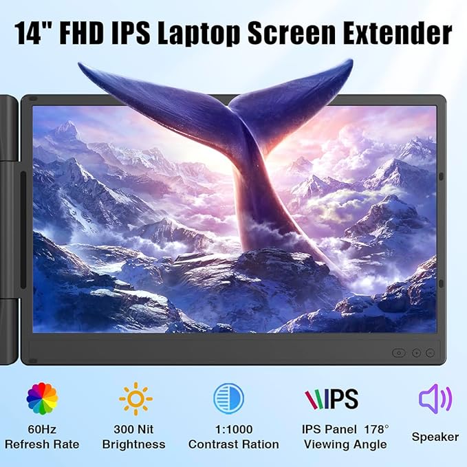 KEFEYA Laptop Screen Extender 14 1080P FHD IPS Laptop Monitor Extender for Home Office Dual Travel Monitor for Laptops 13-17.3 USB-C HDMI Plug-Play for macOS Windows PS Switch Xbox Phone Pad