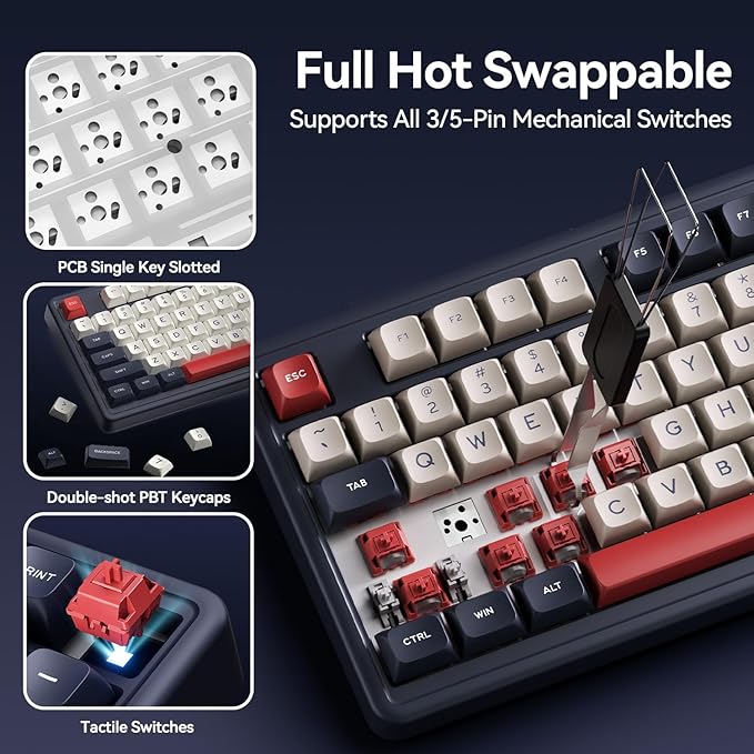 AUSDOM Wireless Bluetooth Mechanical Keyboard BT5.3/Type-C/2.4G Tri-Mode Hot swappable Custom Gaming Keyboards Gasket RGB Numpad Blue Computer Keyboard for Mac/Win/Office 98 Keys(Click Sound)