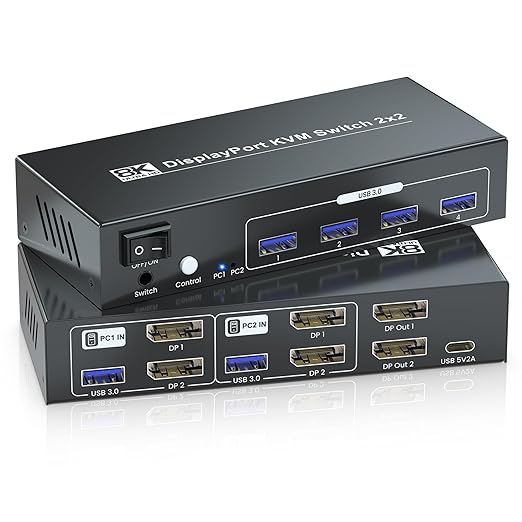 8K@60Hz Dual Monitor Displayport KVM Switch 2 Monitors 2 Computers USB 3.0 4K@120Hz DP KVM Switch for 2 PCs Share 2 Monitors and 4 Port USB 3.0 to Connect Keyboard Mouse Printer and More