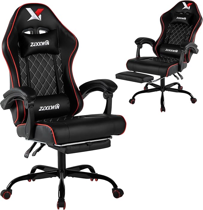 Vedio Gaming Chair with Footrest Lumbar Support for Home Office High Back Recliner Height Adjustable Ergonomic Comfy Leather Computer Desk ChairRed