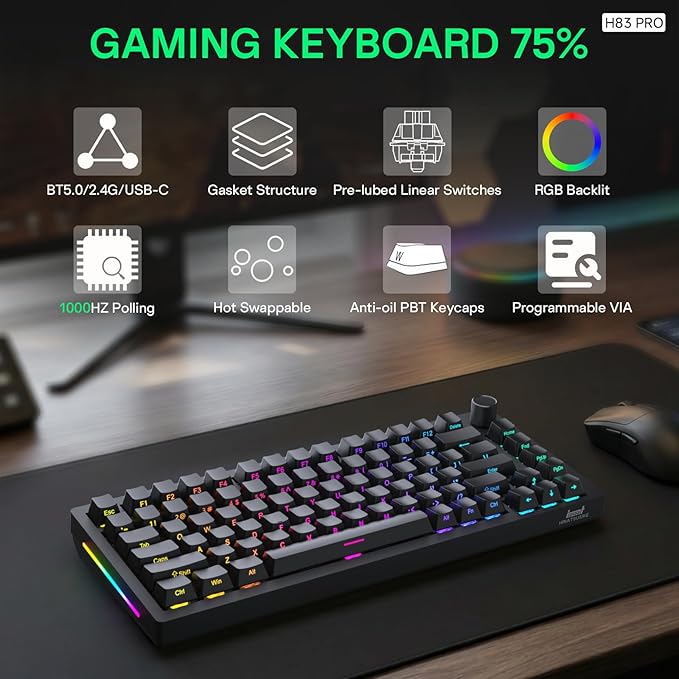 HINATSUSIKE H83 Pro 75 Percent Wireless Mechanical Keyboard for Gaming Hot-Swappable with Knob RGB Backlit Pre-Lubed Cardamom Linear Switches Side-Printed PBT Keycaps 2.4G/BT5.0/USB-C Black
