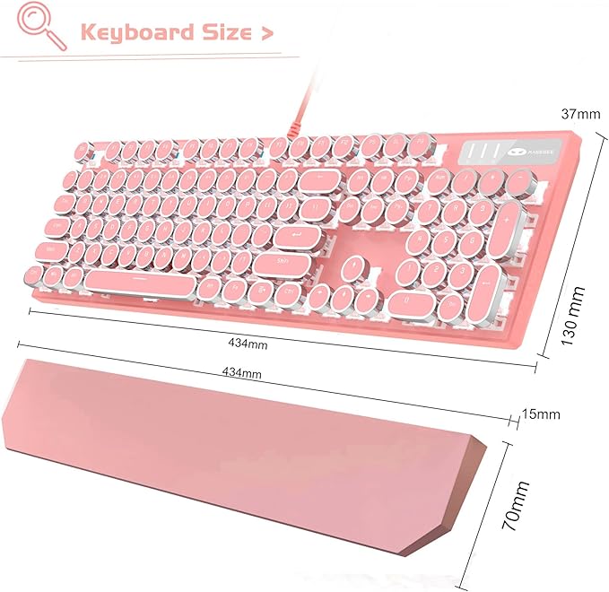 MageGee Typewriter Mechanical Gaming Keyboard Retro Punk Pink Round Keycaps 104 Keys LED White Backlit Wired Keyboards for Laptop MAC PC Gamer with Magnetic Wrist Rest Blue Switch