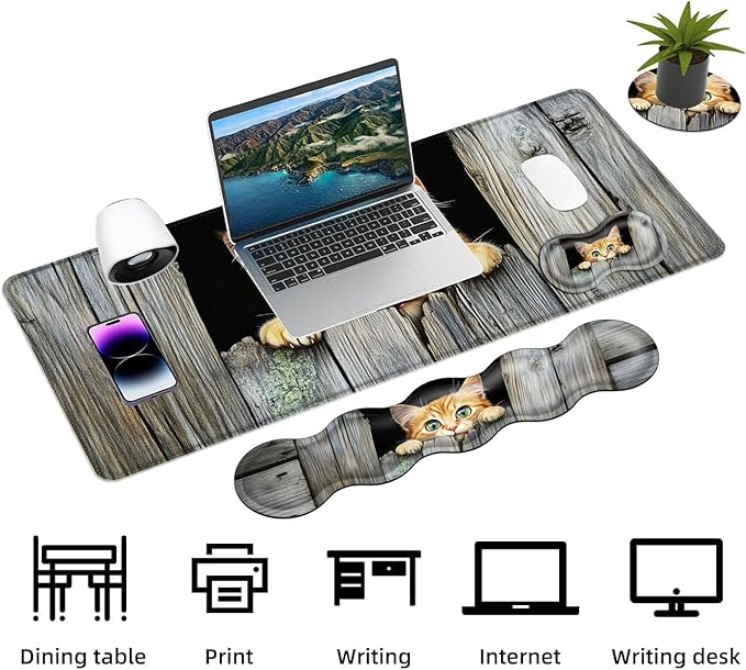 Keyboard Mouse Pad Set Extended Gaming Mouse Pad+Ergonomics Keyboard Wrist Rest Support Memory Foam Easy Typing Pain Relief 4Pcs XL Ultra Thick Desk MatCute Kitten