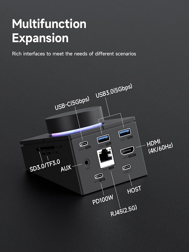 Hagibis Knob USB C Hub with Shortcut Buttons RGB Type-C Docking Station with 4K@60Hz HDMI 100W PD 5Gbps USB-C 2 USB3.0 2.5G RJ45 AUX SD3.0 Micro SD3.0 for MacBook iPad Pro Laptop (Black 2.5G)