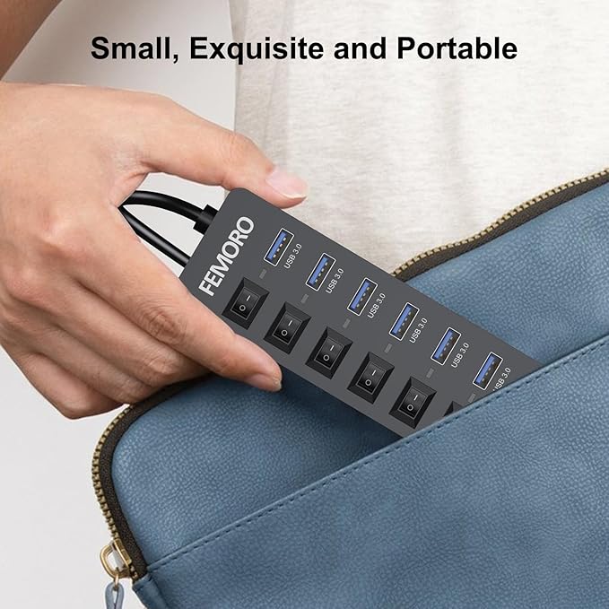 Powered USB Hub 3.0 5Gbps Data Transfer 7 Ports and 12W Charging-only 1 Port with 5V/3A Power Adapter 4Ft Long Cable &amp Individual Switches for Laptop PC Flash Drive External SSD HDD Keyboard Mous
