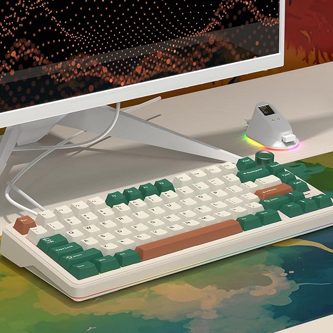 75% Retro Green Wired Hot Swappable Mechanical Keyboard with Metal Knob | Mount Gasket | Programmable RGB Backlit &amp Adjustable Side Light (KTT Brown Switch)