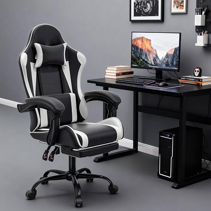 MoNiBloom Gaming Chair with Headrest &amp Lumbar Support Ergonomic Computer Racing Chair with Footrest Adjustable Hight Leather Swivel Computer Chair for Adult Teen Office or Gaming White
