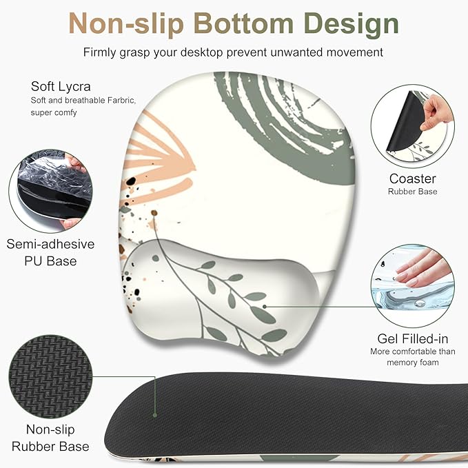 Large Mouse Pad with Wrist Support 4 in1 Set XXL Big Game Mousepad + Keyboard Wrist Rest+Mouse Wrist Rest+Coaster Ergonomic Gaming Mat for Home Office Table Computer I Modern Boho Leaves