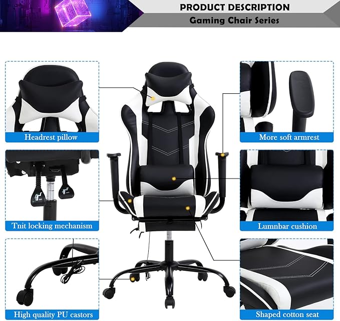 Video Game Chair Ergonomic PC Gaming Chair PU Leather Computer Game Chair with Headrest and Footrest Adjustable Armrest High Back Lumbar Support Racing Swivel Chair for Adults Kids White