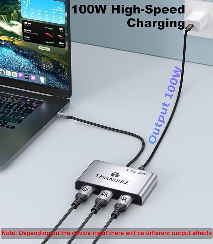 USB C to 3 HDMI Adapter with 100W PD Charging Triple 4K60Hz Monitor Extender for Dell/Surface Pro/HP HDMI Splitter Extended Display Hub Plug &amp Play Laptop Multi-Screen Adapter