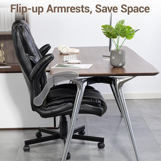 Big and Tall Heavy Duty Office Chair with Flip Up Arms – 450LBS Ergonomic Executive Home Desk Chair w/Wide Seat High Back PU Leather Adjustable Height &amp Rocking Function Black