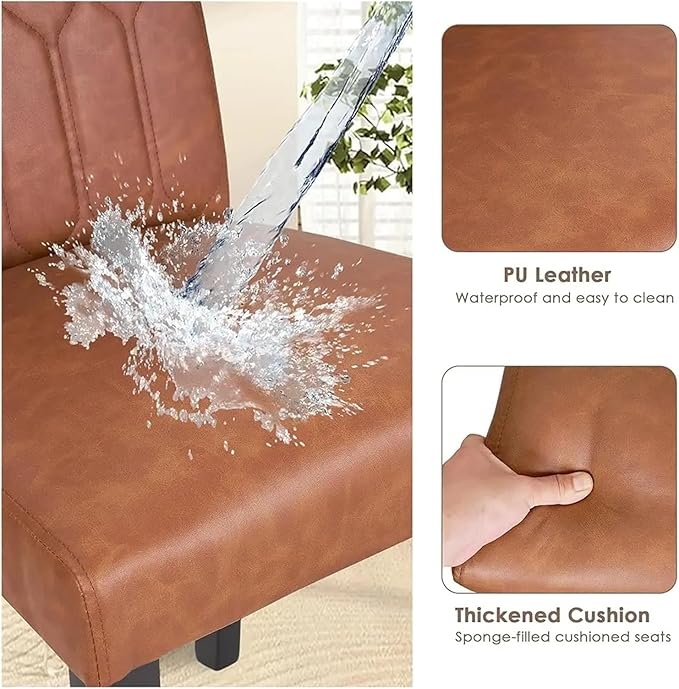 Adjustable Office Computer Chair with Armrest 2pcs Brown Leather Upholstered Dining Chairs Solid Wood Legs with Rubber Footpads for Kitchen Living Room