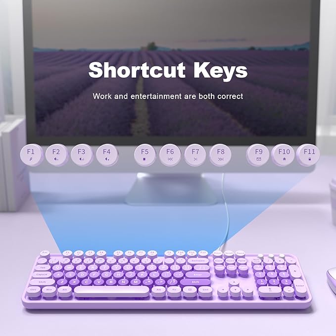 Large Print Keyboard Wired Full Size Wired Retro Round Keyboard with Foldable Stands Plug and Play for Laptop and Office PC- Purple Colorful