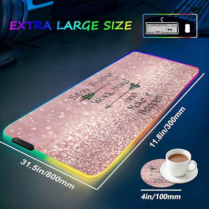RGB Gaming Mouse Pad with Coffee Coaster XXL Large Glowing LED Mousepad Anti-Slip Rubber Base Computer Keyboard Mouse Mat - Inspirational Quote Stay Positive Work Hard and Make It Happen