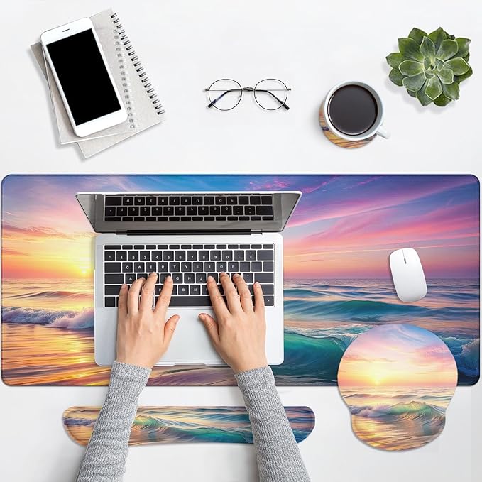 Britimes Sunset Beach Keyboard Mouse Pad Set 4in1 Large Mousepad+Keyboard Wrist Rest+Mouse Wrist Rest+Coaster Set with Ergonomic Design for Home Office Computer 35.4x15.7 inches