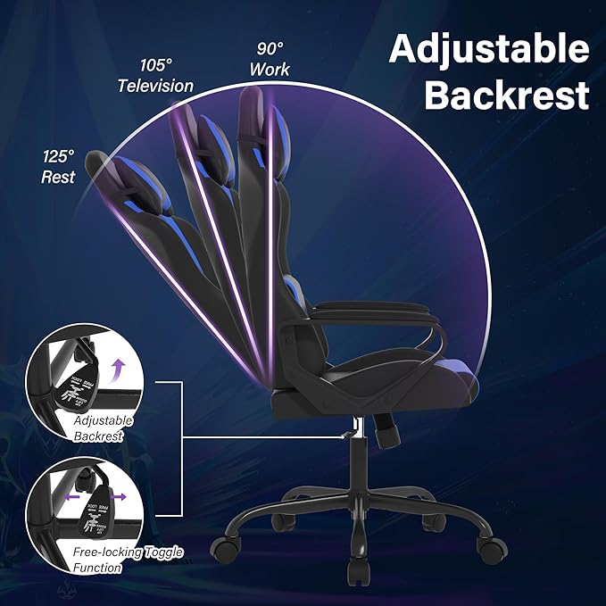 Gaming ChairSwivel Rolling Gaming Chair for AdultsErgonomic PC Gaming Chair BlueHeight Adjustable Computer ChairPU Leather Computer Chair with Headrest and Lumbar Support