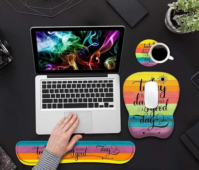 Mouse Pad Wrist Support and Keyboard Wrist Rest Set with Coasters Today is a Good Day to Have a Good Day Inspirational Quote with Non-Slip PU Base Ergonomic Mousepad for Computer Laptop Home Office