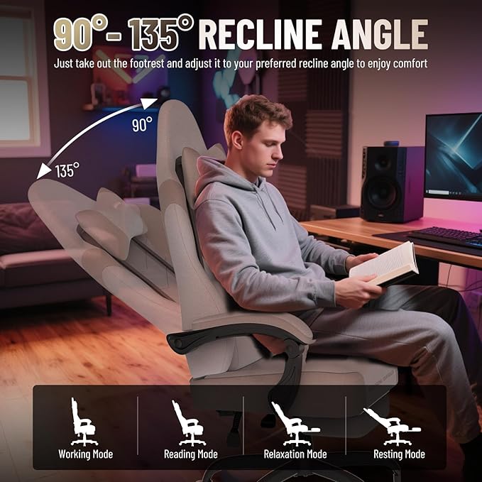Ferghana Cotton Fabric Gaming Chair with Wider Seat Cushion Shield-Shaped Embroidery Ergonomic High Back Game Chair with Footrest Computer Chair with Massage Lumbar Support for Adult Beige