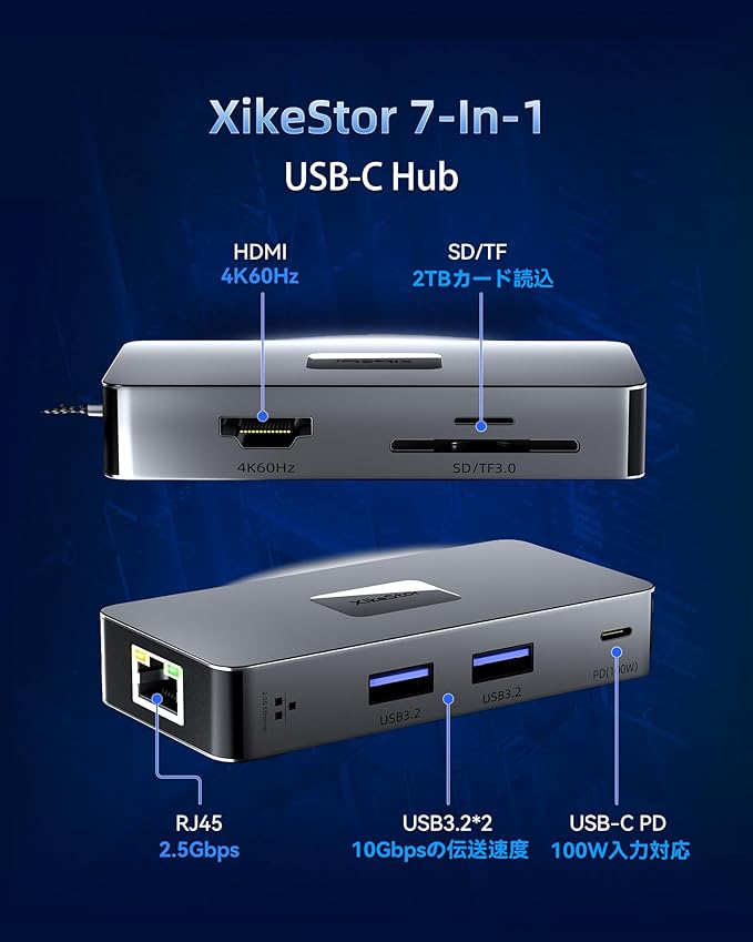 Laptop Docking Station XikeStor 7-in-1 USB C to HDMI Hub Multiport Adapter with 2.5G Ethernet Dual USB3.2 10Gbps100W PD 4K HDMI Monitor SD/TF 3.0 Card Reader for MacOS Windows Linux Android