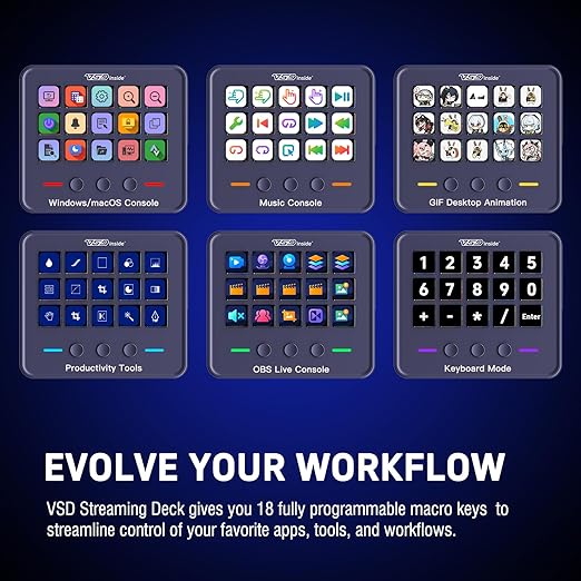 VSDINSIDE Macro Keypad Stream Controller Deck Gaming Streaming Shortcut Keyboard 18 Programmable Keys Customizable Visual AI Pad USB Soundboard for OBS YouTube Desk Office Setup Laptop PC Mac