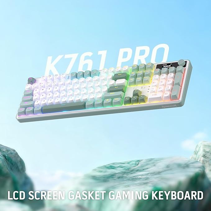 Redragon K761 Wireless Gasket Gaming Keyboard w/Hype Screen &amp Knob 104 Keys Mechanical Keyboard Easy-Control 1.26’’ TFT Info Display 5-Layer Noise Dampening Custom Linear Switch Jade Cloud Co