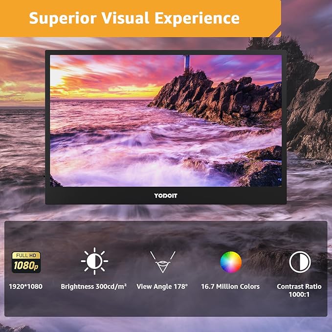 Yodoit Portable Monitor for Laptop 1920×1080 17.3 FHD Screen IPS Display with USB Type C Port Built-in Speakers and Smart Cover Compatible with PC MacBook Xbox (Black)