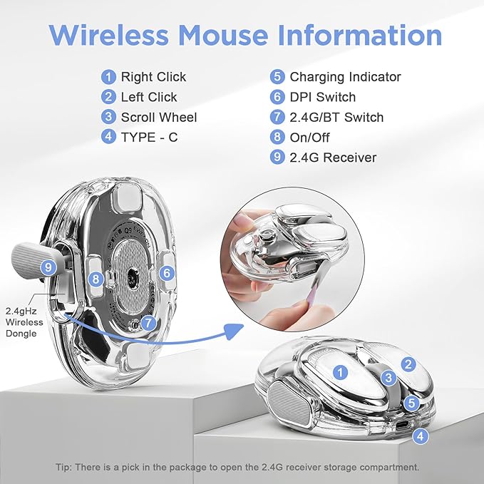 Q9 Wireless Mouse 2.4G/BT Dual Mode 4 Adjustable DPI (800-4800) Ultra-Quiet Click Bluetooth Mouse with RGB Breathing Light 500mAh Long Battery Portable for PC/Laptop/Mac/Tablet(Silver)