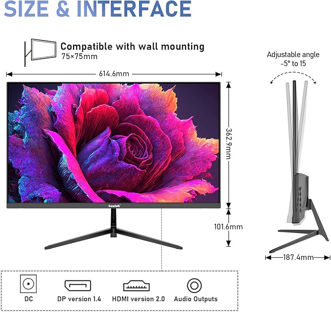 Gawfolk 27 inch IPS 2K QHD (2560×1440) Computer Monitor 75Hz Gaming PC Screen 1msAdaptive Sync100% sRGB 1.07 Billion ColoursBuilt-in SpeakerDisplay 1.4、Port HDMI2.0 Black
