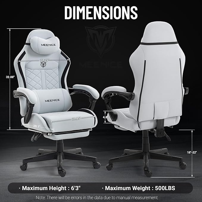 Big and Tall Gaming Chair Fabric with Pocket Spring Cushion High Back Heavy Duty Gaming Chairs for Adults with Massage Lumbar Support Ergonomic Computer Chair with Footrest for 400LBS Gray