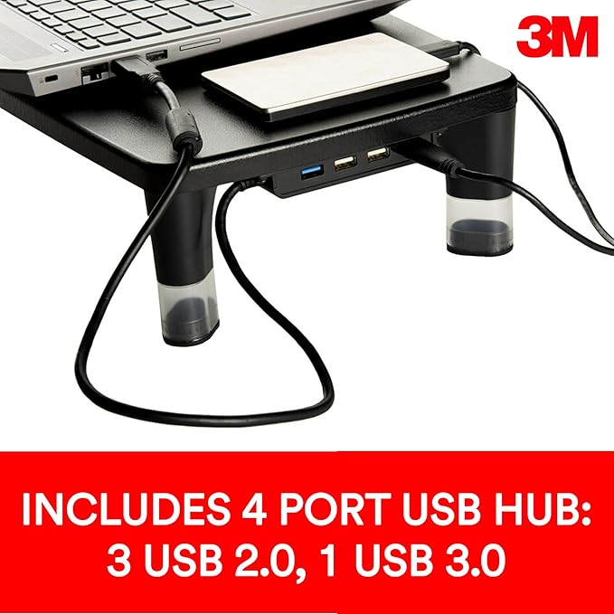 3M Adjustable Monitor Stand with 4-Port USB Hub Black Great for Computer Monitors Laptops TVs Speakers Printers and More
