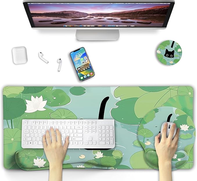 Blusabaca Mouse Pad Desk Pad Cat Lotus Leaf Desk Mat Large Gaming Mouse Pad with Wrist Rest Cute Keyboard Pad Wrist Rest Ergonomic Cup Coaster Work Home Accessories Office Supplies Decor