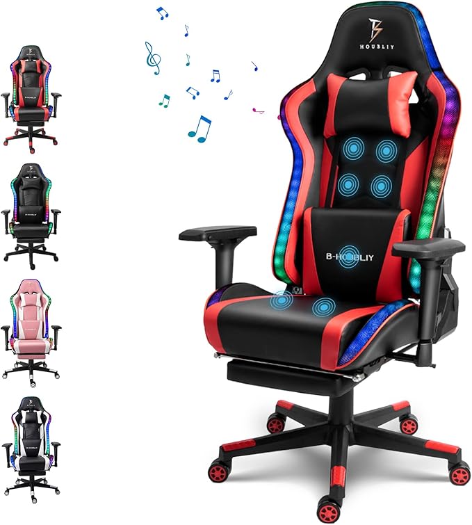 XOOFMASS Ergonomic Gaming Chair with Massage and LED Lights Video Game Chairs with Retractable Footrest and Lumbar Support Computer Chair with Speakers High Back Reclining Office ChairRed