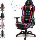 Gaming Chair Office Chair with Speakers and RGB Lights Reclining High Back Massage Computer Desk Chair with Headrest Lumbar Support 4D Armrest PU Leather Ergonomic Video Game ChairsRed