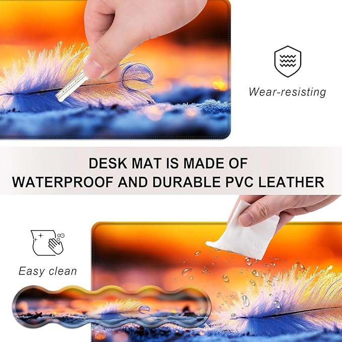 Mouse PadLarge Desk Mat Set 4in1 XL Mousepad + Keyboard Wrist Rest+Mouse Wrist Rest+Coaster with Ergonomic Desk Pad for Home Office Table Computer Cover -Feather at Sunrise