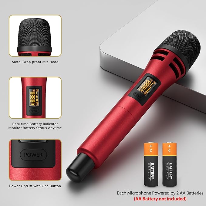 TONOR Wireless Microphones System with 4x10 Channels Cordless Handheld Microfono Inalambrico UHF Mics with Stable Signal Transmission for Karaoke Singing Party Church Wedding 60 m/200ft Red