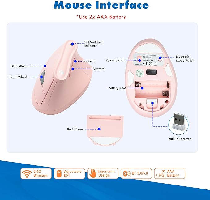 J-Tech Digital Wireless Mouse Vertical Ergonomic Mouse with 2.4G Wireless &amp Bluetooth for 3 Multi-Device Function Adjustable DPI Modes Compatible with PC Mac Laptop - Pink