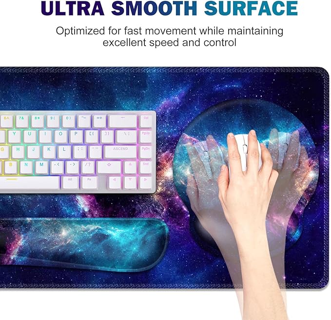 Gaming Mouse Pad Large Desk Mat Cute Desk Pad Protector 4in1 XXL Mousepad + Keyboard Wrist Rest+Mouse Wrist Rest+Coaster Set with Ergonomic Desk Pad for Home Office Table Computer Galaxy Space