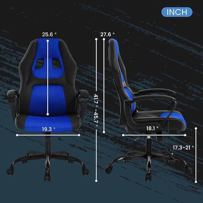 High-Back Racing Gaming Chair with Massage Lumbar Support - Ergonomic Adjustable Swivel - Black PU Leather - Perfect for Home Office or Gaming (Blue)
