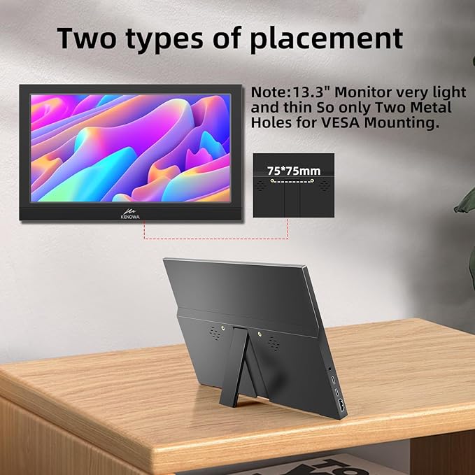 Kenowa Portable Monitor 13.3 Inch - HD 1366x768P LED Display External Monitor with USB C HDMI Built-in Speakers Second Screen for Laptop Phone Mac PC PS4 Xbox