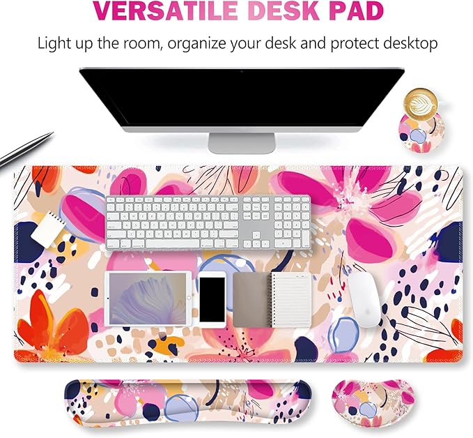 ARTSO Keyboard Wrist Rest Mouse Pad Set Extended Gaming Mouse Pad+Keyboard Wrist Support Memory Foam Ergonomic Abstract Flower Desk Pad Combo for Home Office Study Game