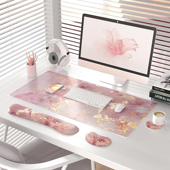 QiyI Leather Desk Mat Set 4-in-1 Large Mouse Pad with Wrist Rest Non-Slip Desk Pad + Keyboard Wrist Rest + Mouse Wrist Support + Coaster Office Desk Accessories Home Decor Supplies Pink Marble