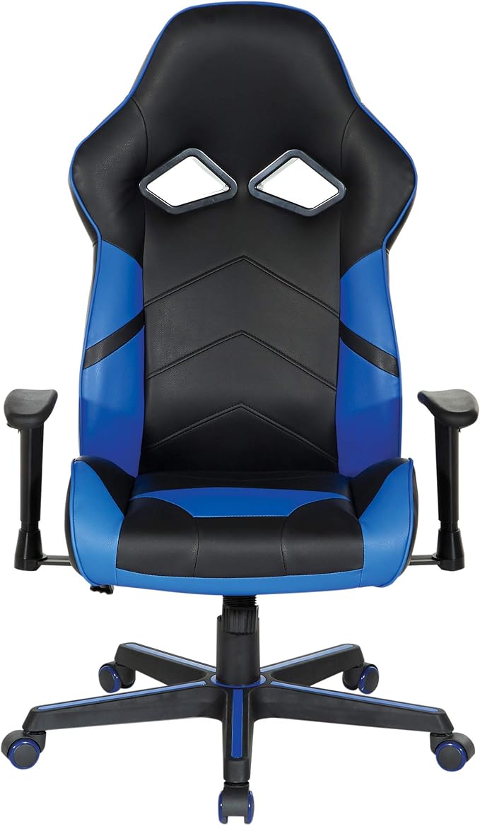 OSP Home Furnishings Vapor Ergonomic Adjustable High Back Faux Leather Gaming Chair with Coil Spring Seat and Integrated Cooling Airflow Blue Accents