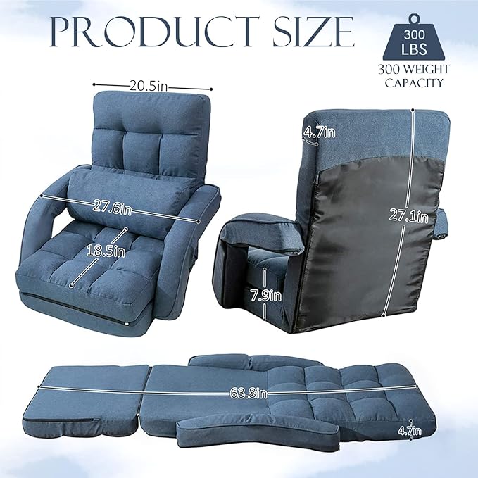 Indoor Floor Chair with Armrest and PillowFolding Chaise Lounge Chair for BedroomFloor Gaming Recliner Chair for Adult42-Position Adjustable Floor Chair for Living RoomGaming Room (Blue)