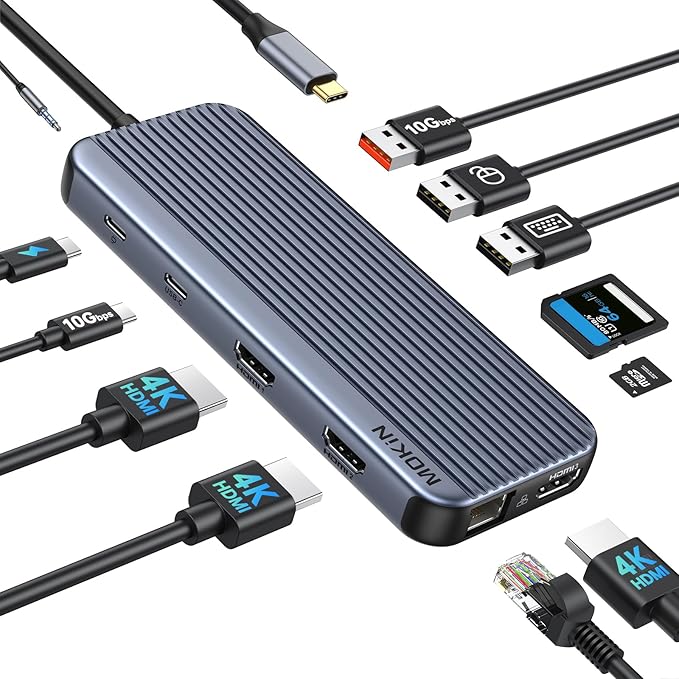 USB C Docking Station 3 HDMI 12 in 1 Docking Station Triple Display Dual Monitor Dock Laptop USB-C Hub 3 HDMI with 10 Gbps Ethernet USB A/C 3.1 USB 2.0 100W PD Audio &amp Mic SD