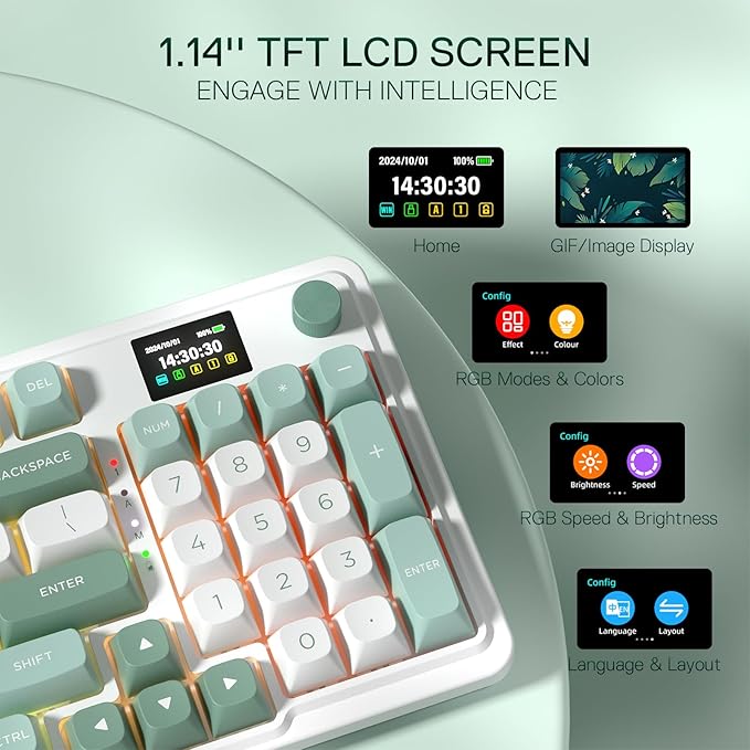 Redragon K719 Wireless Gasket Gaming Keyboard w/Hype Screen &amp Knob 95 Keys Mechanical Keyboard Easy-Control 1.14’’ TFT Info Display 5-Layer Noise Dampening Custom Linear Switch Jade Cloud Col