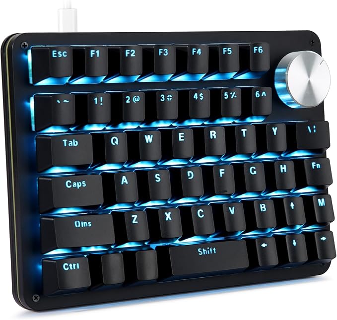 Koolertron One Handed Mechanical Gaming Keyboard with 24 Macro Keys 45-Key Fully Programmable Mini Keypad Mini USB Macro Keyboard with Rotating Knob Blue Backlit for Windows PC Gamers