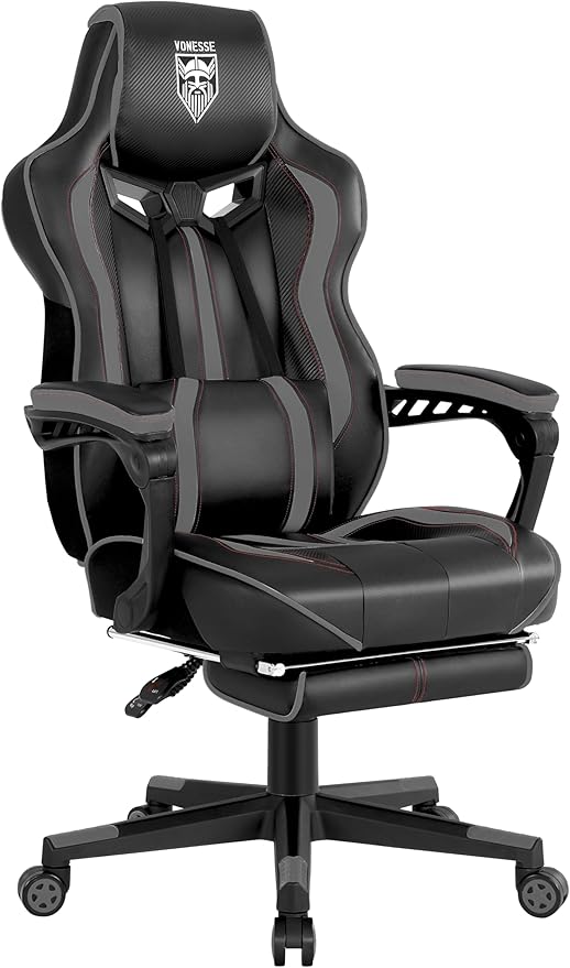 Vonesse Gaming Chair for Adults Reclining Gaming Chairs with Footrest and Massage Computer Gaming Chair for Heavy PeopleErgonomic Gamer Chair Big and Tall (Black/Gray)