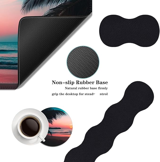 Mouse PadLarge Desk Mat Set 4in1 XL Mousepad + Keyboard Wrist Rest+Mouse Wrist Rest+Coaster with Ergonomic Desk Pad for Home Office Table Computer Cover -Palm Tree Beach Scene