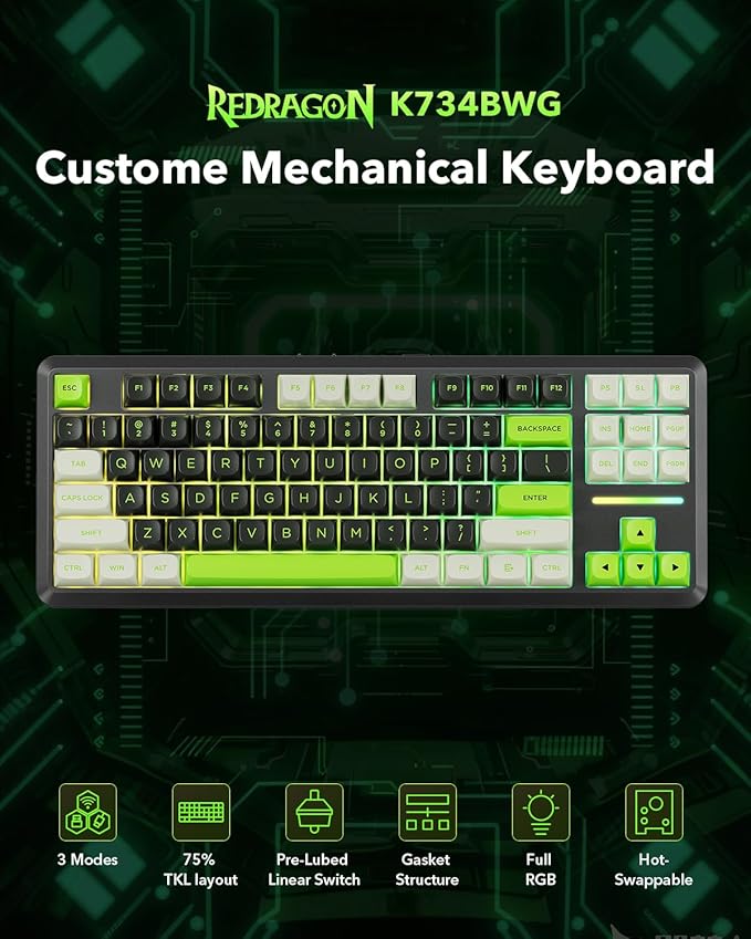 Redragon K734B Wireless Mechanical Keyboard3-Modes Bluetooth Gasket Hot Swappable TKL RGB Custom KeyboardPre-lubed Switches 81 Keys PBT Keycaps South-Facing LEDs Socket