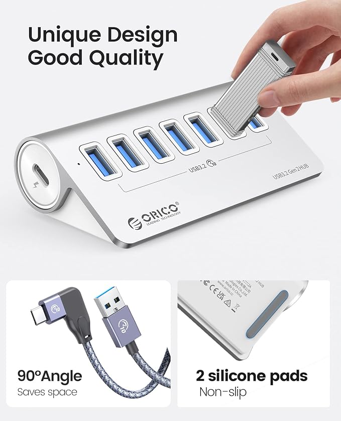 ORICO USB 3.2 Hub 10Gbps with 7 USB A Ports USB 3.2 Gen 2 Hub with 3.28Ft USB-A to USB-C Cable Desk USB Splitter for MacBook Mac Pro/Mini iMac Surface Pro Laptop/PC